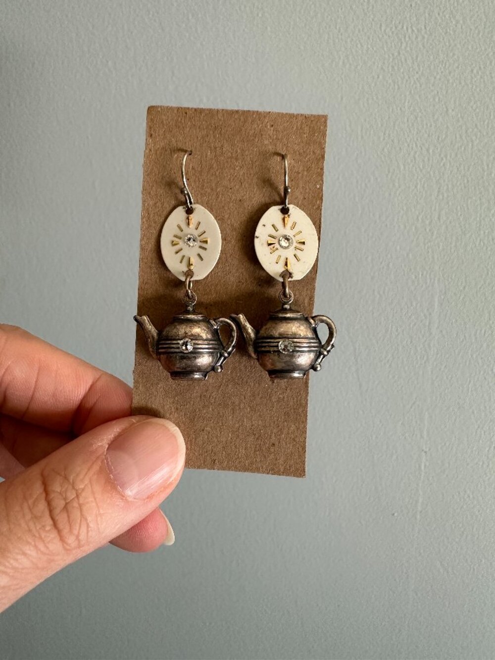 Teapot Dangle Earrings with Vintage Watch Face Decoration